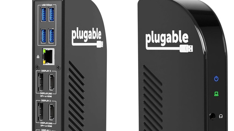 Two Plugable docking stations positioned side-by-side, showcasing their diverse port arrays.