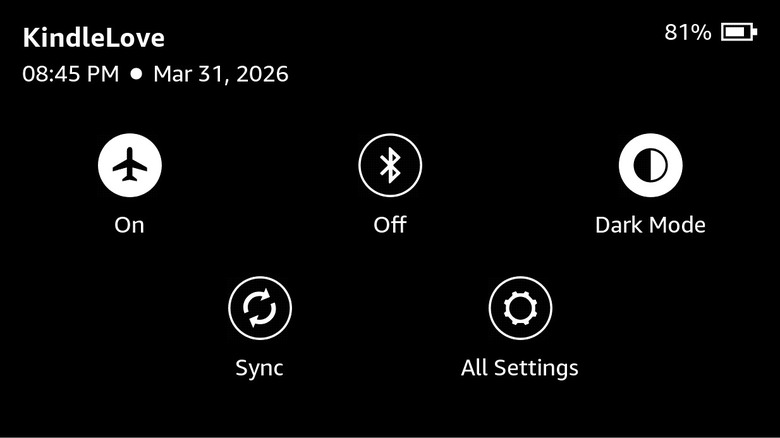 Close-up of the Kindle quick settings menu with the Airplane Mode icon highlighted.