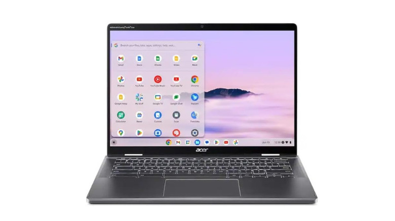 Acer Chromebook Plus Spin 714 shown in a semi-folded convertible position.