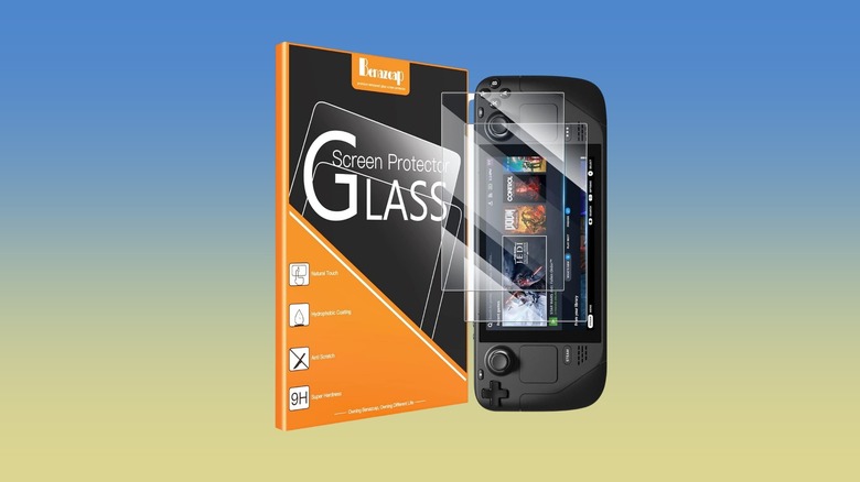Benazcap Steam Deck Screen Protector marketing photo against a gradient background.
