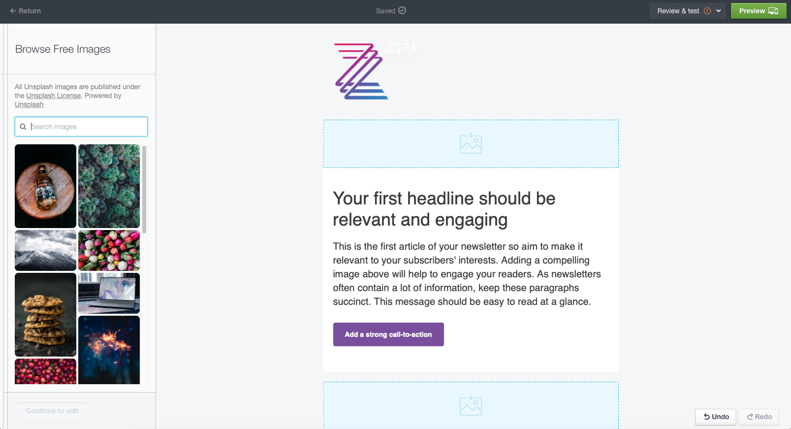 Desktop and mobile preview modes in the Campaign Monitor email editor.