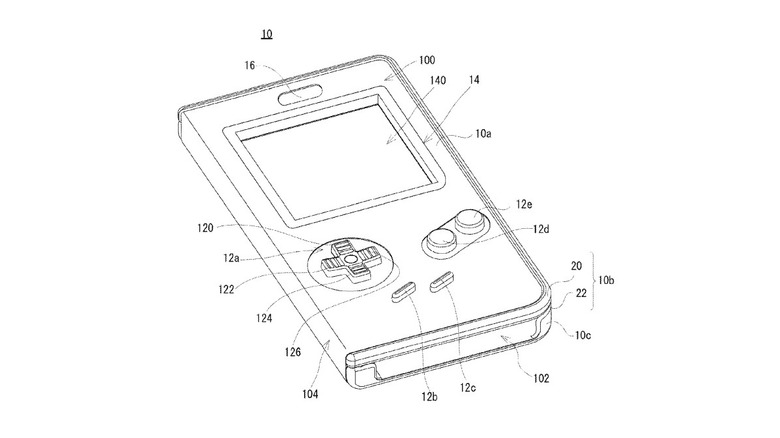 A technical drawing of a flip-style smartphone case with a D-pad and face buttons resembling a Game Boy.