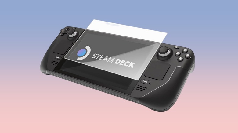 The amFilm screen protector next to a Steam Deck.