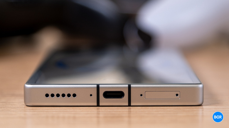 View of the USB-C charging port on the bottom of the RedMagic phone.