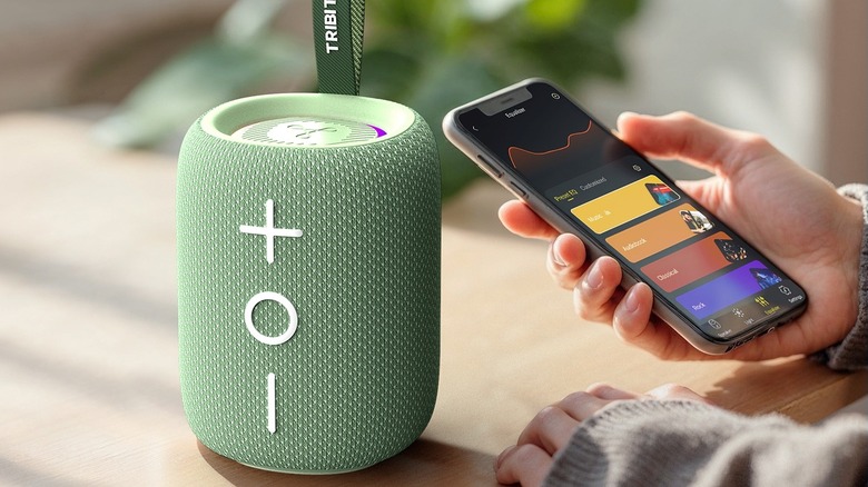 A person adjusting settings on an iPhone with a mini bluetooth speaker nearby.