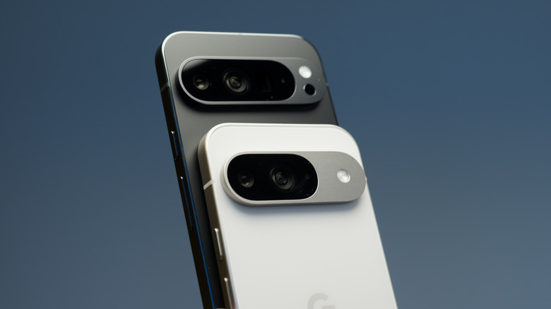 Rear view of multiple Google Pixel 9 series devices.