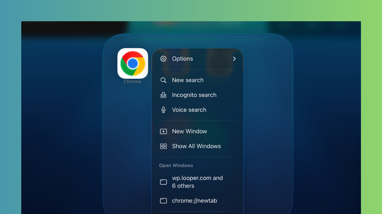 iPad screen showing Chrome browser with a context menu open for opening a new window.