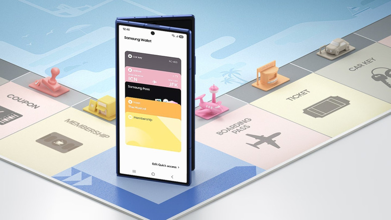 A Galaxy Z Fold device placed on a Monopoly game board with the Samsung Wallet app visible on the screen.