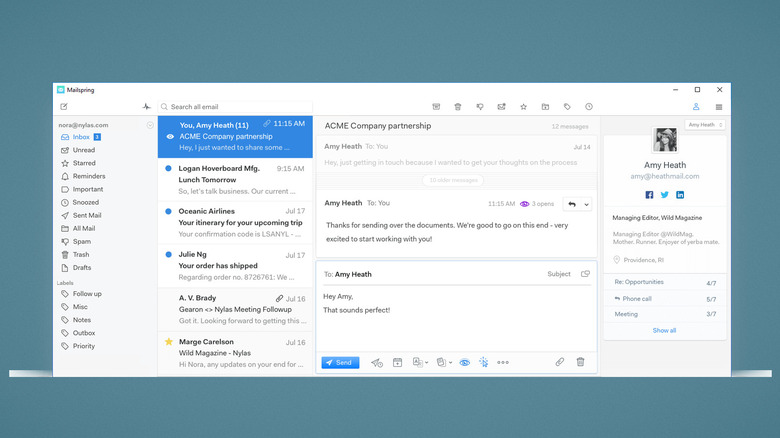 The Mailspring email client dashboard featuring a clean, blue-accented layout.