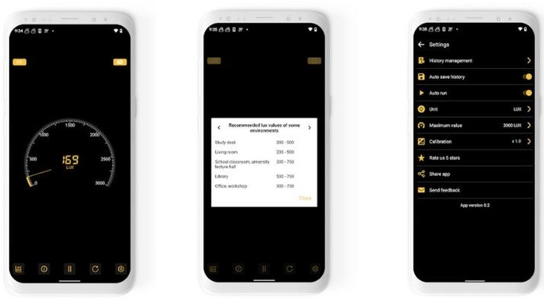 Screenshots of a Lux Meter app showing illuminance levels and light frequency data.