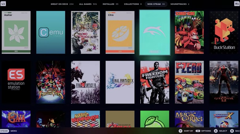 The Steam Deck gaming mode interface showing a populated library of emulated games with artwork.