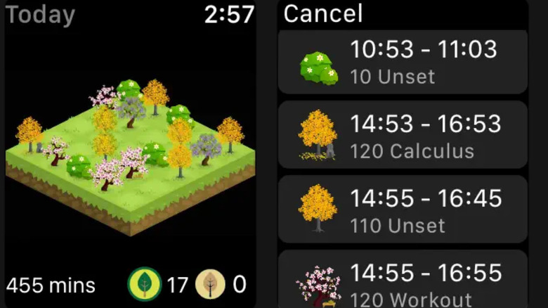 The Forest app interface featuring a growing digital tree and a countdown timer.