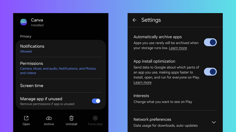 Side-by-side screenshots of Android system settings and Google Play Store interface showing archival toggles.