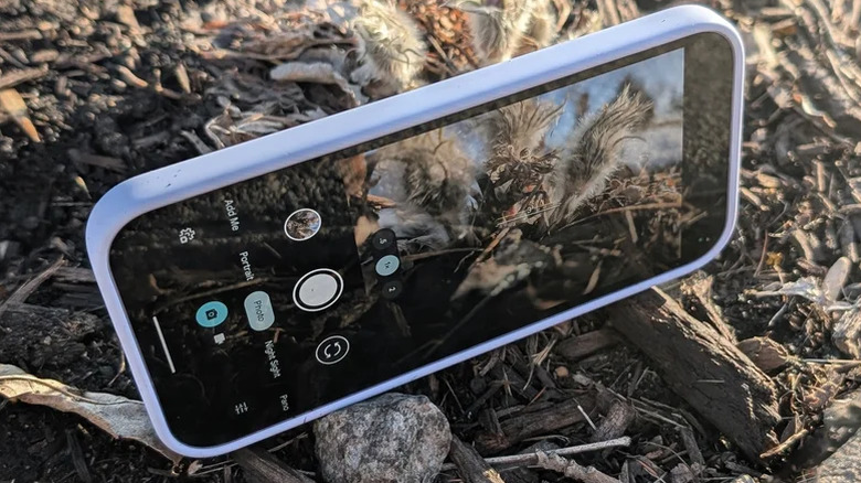 A person using a Google Pixel 9a to take a photo, showing the camera interface on the screen.