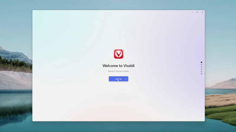 Vivaldi browser welcome screen showing customization options on Windows 11.