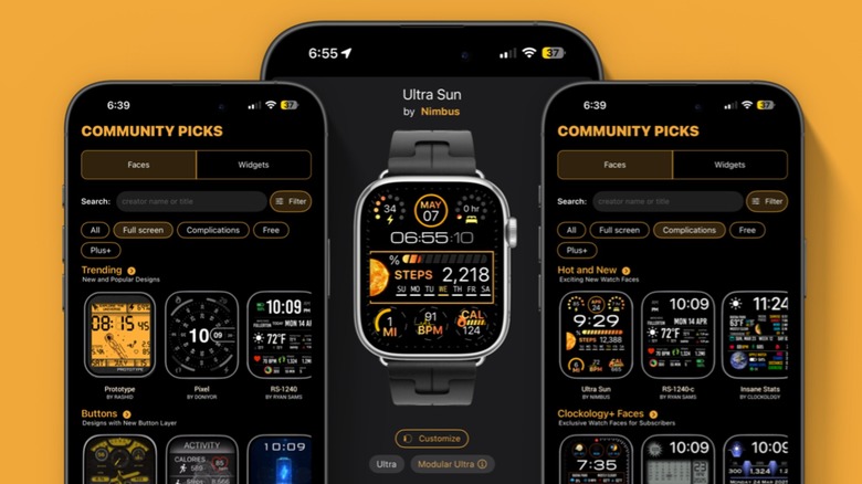 A grid display of numerous custom Apple Watch faces within the Clockology app interface.