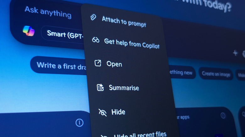 The Microsoft Copilot sidebar showing various AI prompt suggestions.