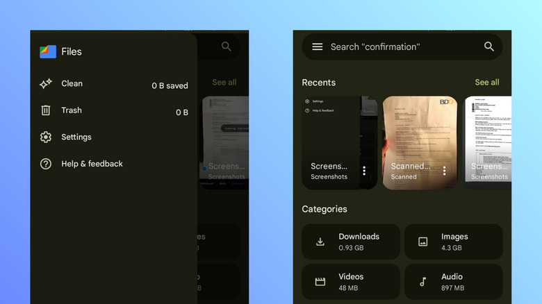 The Files by Google application interface on Android showing storage cleanup options and file browsing categories.