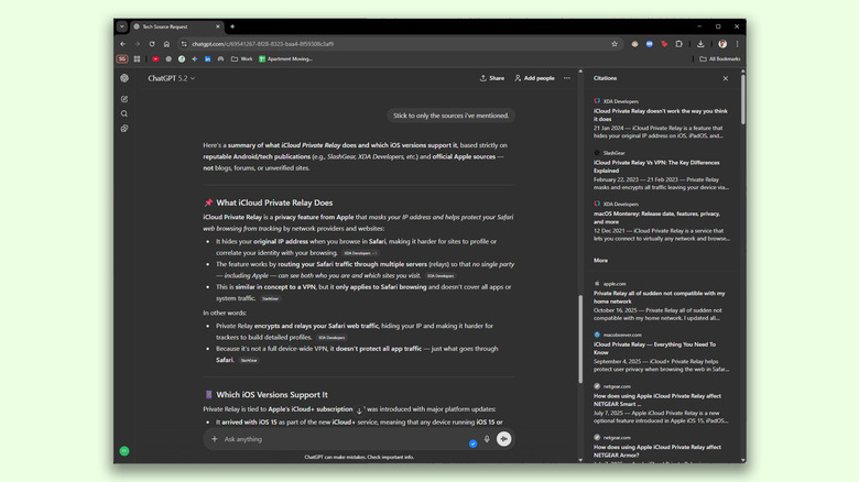 An AI chatbot interface displaying structured responses with clear source attributions.