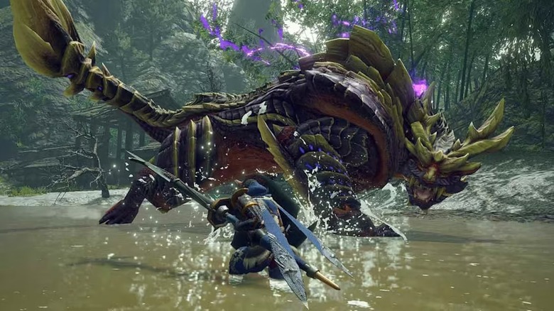 Action gameplay from Monster Hunter Rise featuring a battle with Magnamalo.
