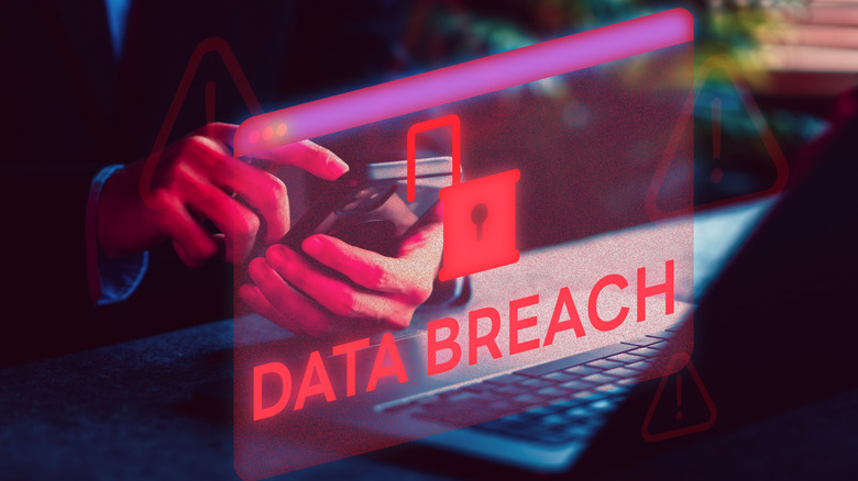 Graphics showing data breach monitoring on a smartphone with a laptop in the background.