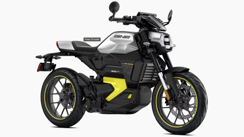 A Can-Am Pulse electric motorcycle in black and yellow.