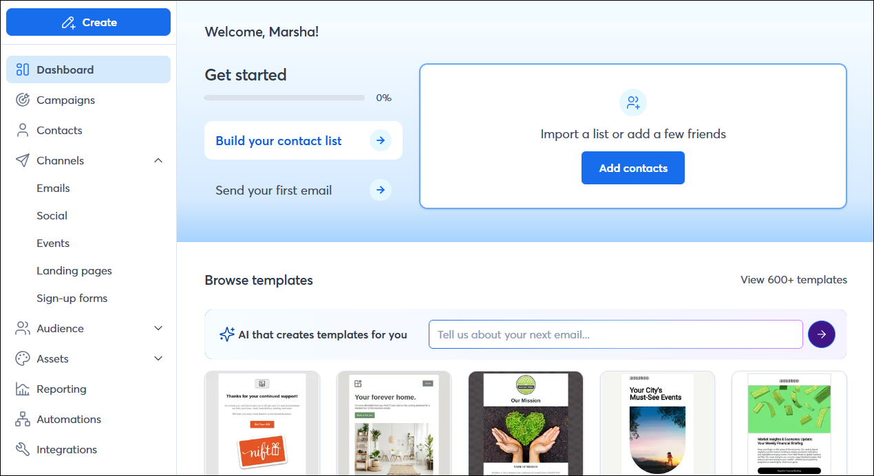 A screenshot of the Constant Contact main dashboard showing menu navigation and campaign statistics.