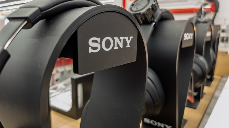 Sony wireless headphones on display showing the modern design and synthetic leather pads.