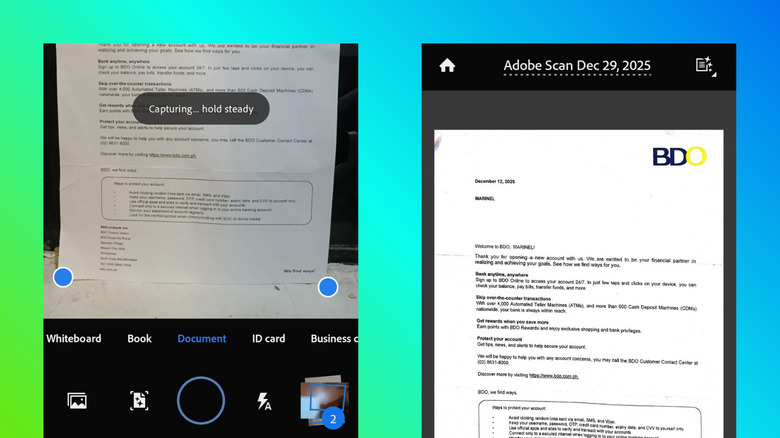 A smartphone using Adobe Scan to capture a physical document and the subsequent editing screen.