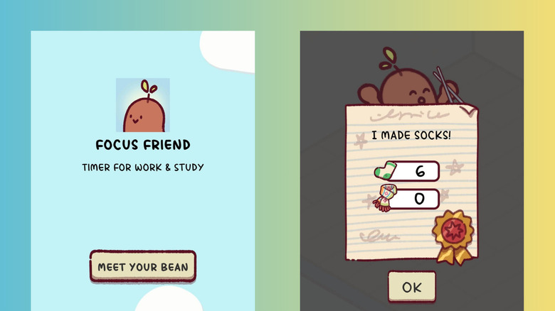 Screenshots of the Focus Friend app showing the welcome screen and a summary of a completed productivity session.