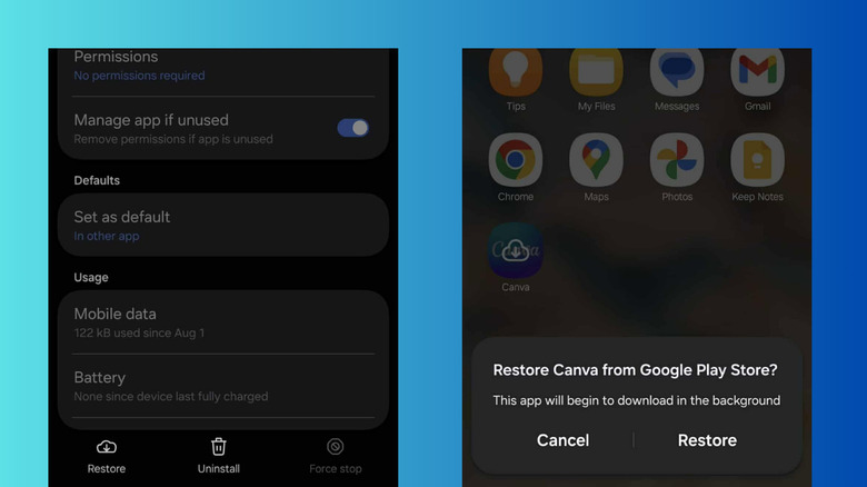 Interface showing the restoration flow for an archived application from the app drawer.