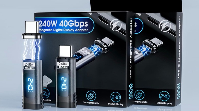 DuHeSin magnetic USB-C adapters with integrated digital displays showing power output.