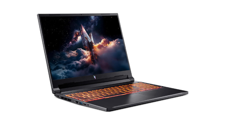 An Acer Nitro V 16 gaming laptop highlighting its cooling vents and gaming keyboard.