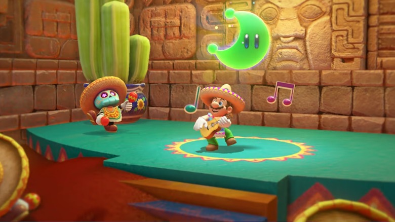 A gameplay screenshot of Super Mario Odyssey in the Sand Kingdom.