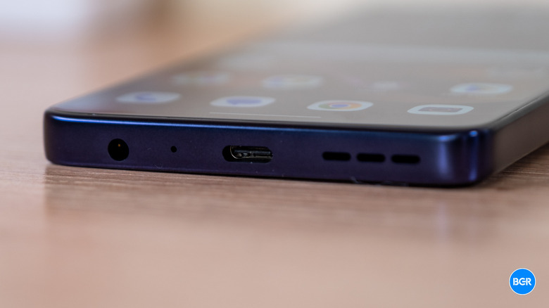 The bottom edge of the Moto G Power (2026) showing the USB-C port and 3.5mm jack.