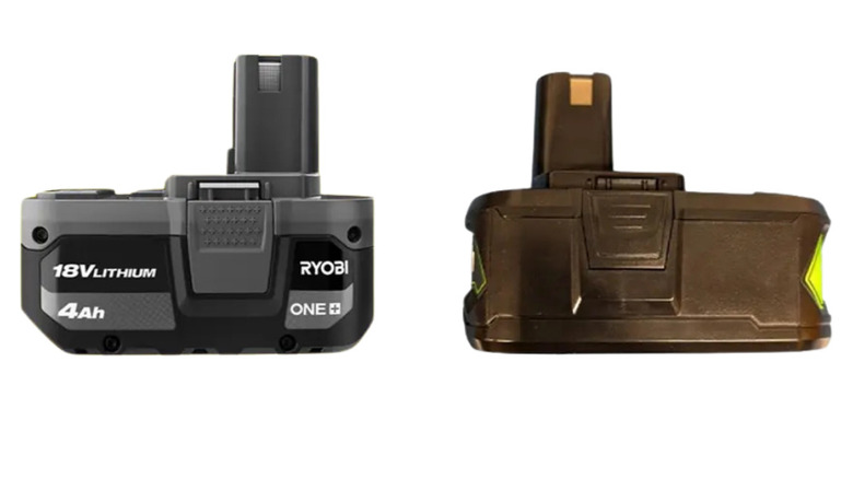 A side-by-side comparison of a genuine Ryobi battery and a counterfeit version.