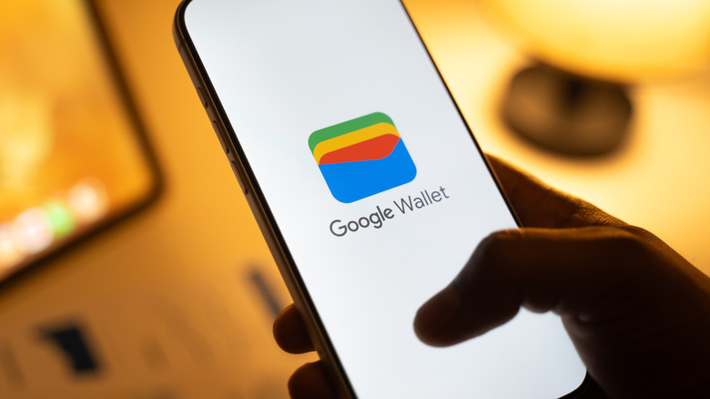 A person holding a phone that displays the Google Wallet splash screen logo.