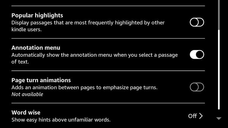 The Kindle settings screen showing the toggle for page turn animations.