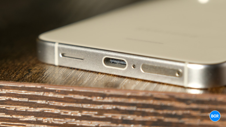 Bottom edge of the Samsung Galaxy S24 showing the USB-C port, speaker grille, and SIM tray.