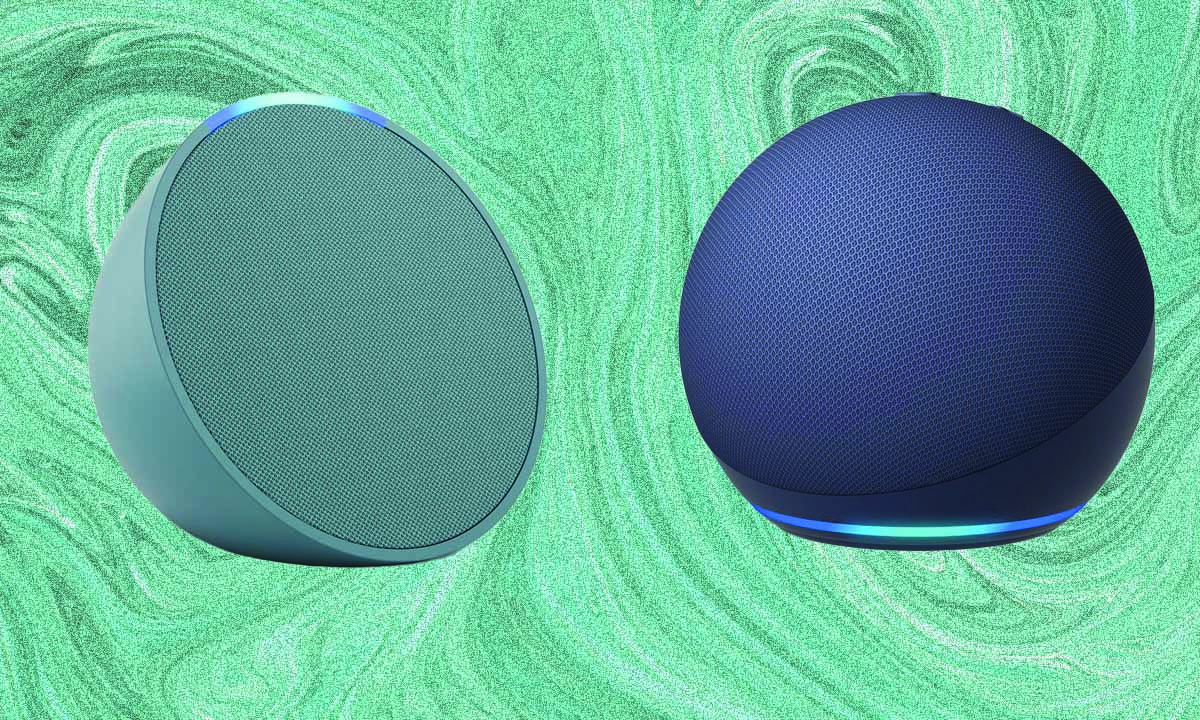 Detailed view showing the directional front-firing speaker of the Echo Pop and the 360-degree fabric finish of the Echo Dot.