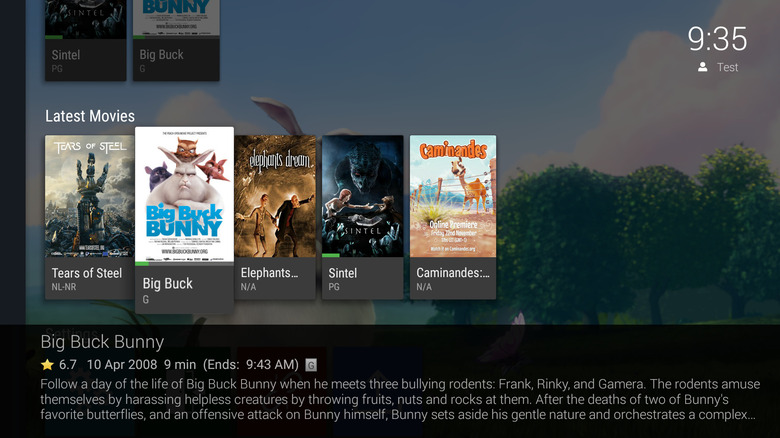 A sleek media server interface on Fire TV displaying a collection of movie posters and categories.