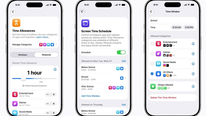 A menu showing Screen Time and Time Allowances parental controls in iOS 27.