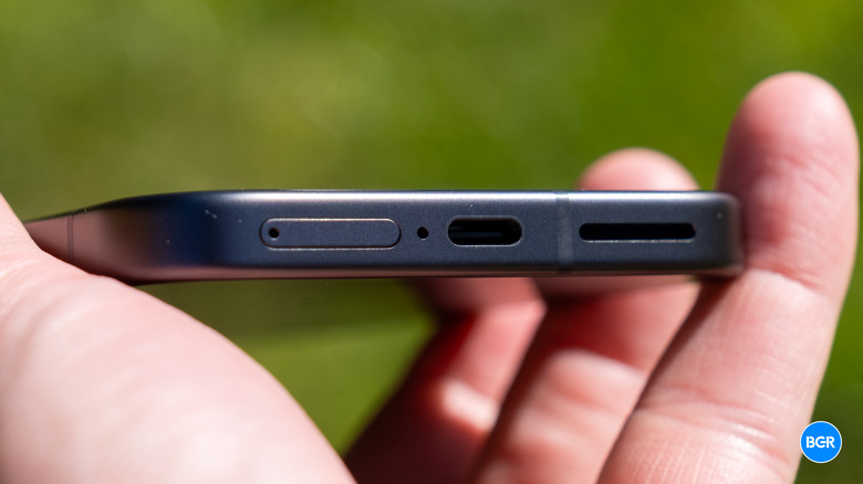 Close-up of the USB-C charging port on the bottom edge of the Google Pixel 9a.