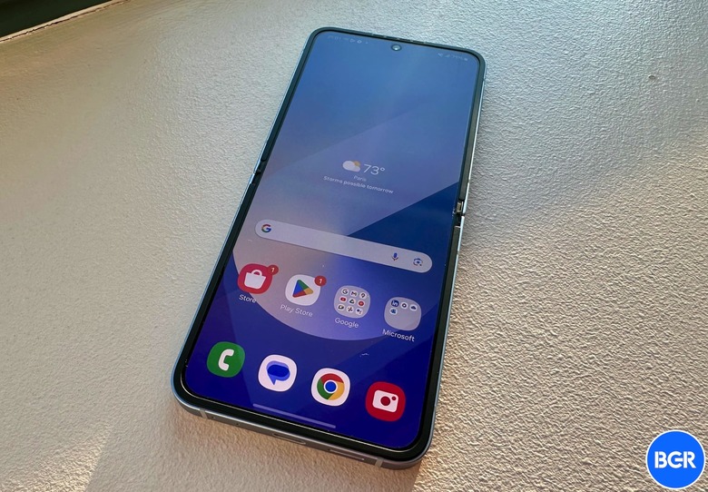 Close-up of the Galaxy Z Flip 6 LTPO AMOLED main display showing vibrant interface colors.