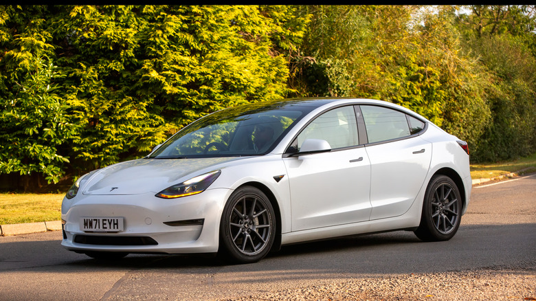 A white Tesla Model 3 parked on a country road, highlighting its integrated camera sensors.