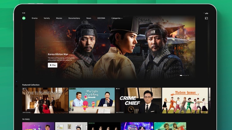 A tablet showing the OnDemand Korea app's home screen with various Korean variety shows and dramas.