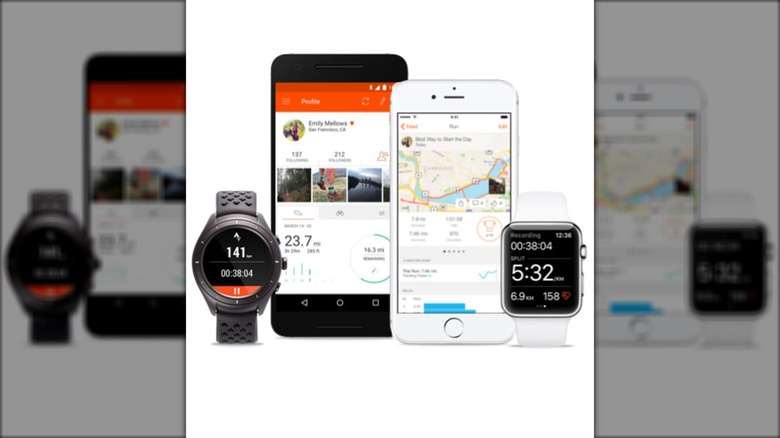 A comparison view of the Strava interface on both a smartphone and a Wear OS watch.