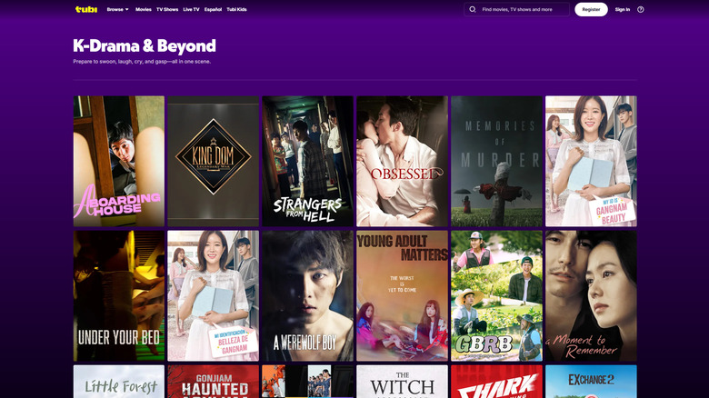 A television screen showing the Tubi app's curated Korean drama category.