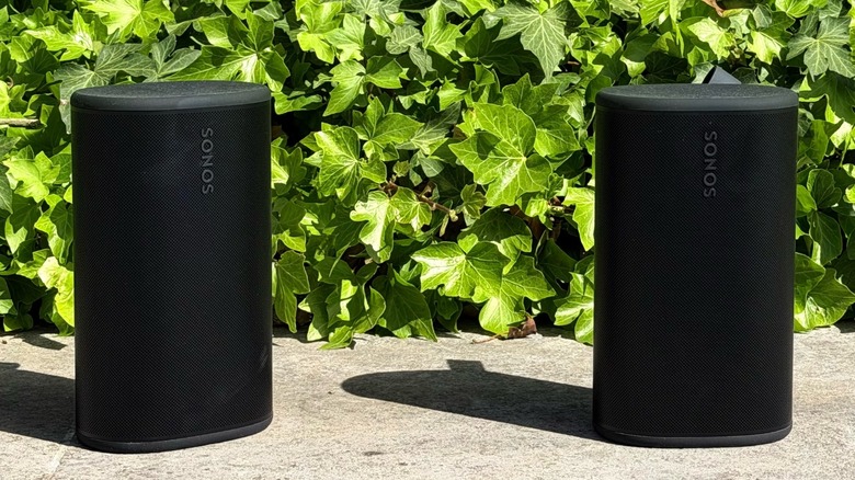 A pair of Sonos Play speakers positioned next to indoor plants for a stereo setup.