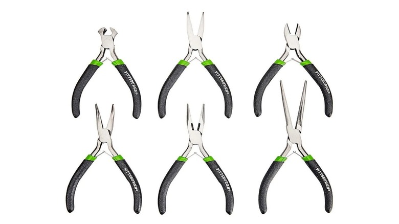 A Pittsburgh 6-piece precision pliers set neatly organized in a blue storage tray.